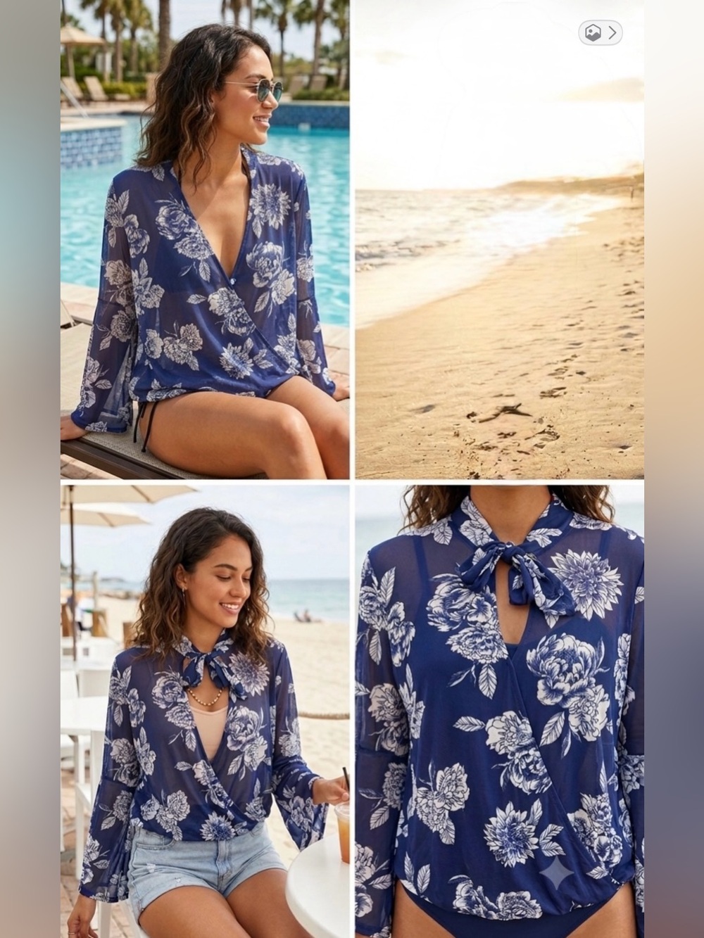 Source Unknown Navy Blue and White Floral Wrap Blouse
